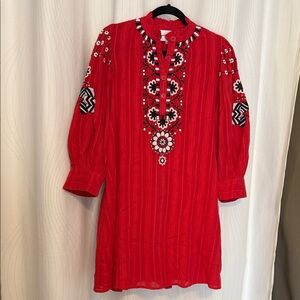 Antik Batik Red Embroidered Cotton Long Sleeve Mini Dress